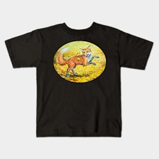 Playful Fox with Yellow Fall Leaves Kids T-Shirt